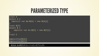 PARAMETERIZED TYPE
trait A
object A {
implicit val ba:B[A] = new B[A]{}
}
trait B[T]
object B {
implicit val bc:B[C] = new B[C]{}
}
trait C
implicitly[B[A]]
implicitly[B[C]]
B[A]は、B,A両方のコンパニオンオブジェクト
 