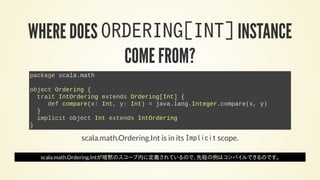 WHERE DOES ORDERING[INT] INSTANCE
COME FROM?
package scala.math
object Ordering {
trait IntOrdering extends Ordering[Int] ...
