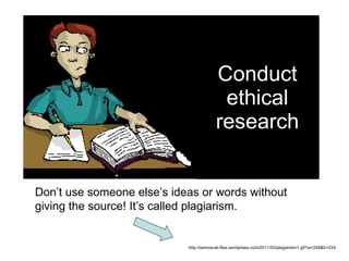 Conduct ethical research http://iamroscel.files.wordpress.com/2011/03/plagiarism1.gif?w=249&h=234 Don’t use someone else’s ideas or words without giving the source! It’s called plagiarism. 