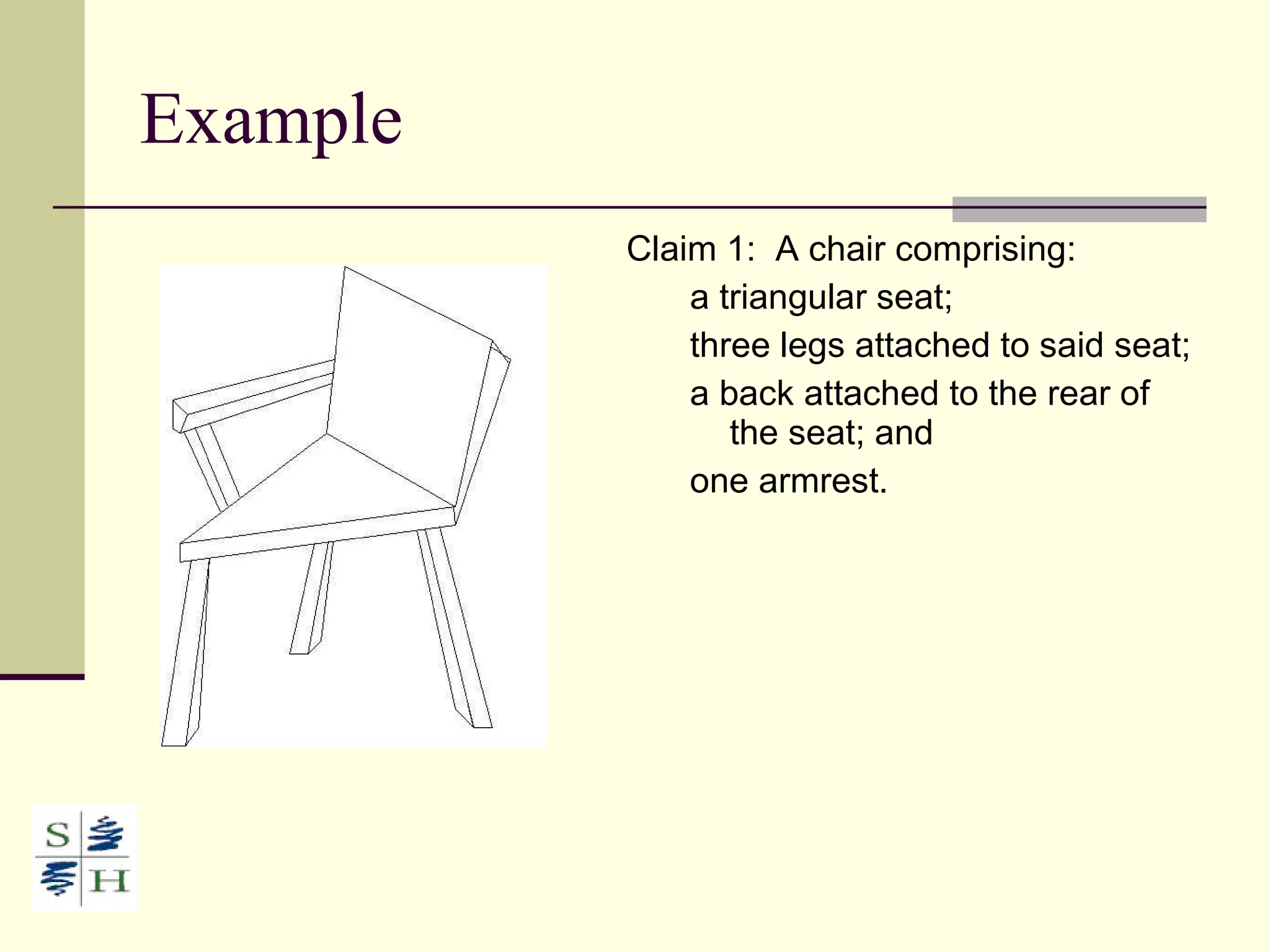 Example Claim 1:  A chair comprising: a triangular seat; three legs attached to said seat;  a back attached to the rear of the seat; and one armrest. 
