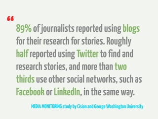 89%ofjournalistsreportedusingblogs
fortheirresearchforstories.Roughly
halfreportedusingTwittertofindand
researchstories,andmorethantwo
thirdsuseothersocialnetworks,suchas
FacebookorLinkedIn,inthesameway.
MEDIAMONITORINGstudybyCisionandGeorgeWashingtonUniversity
“
 