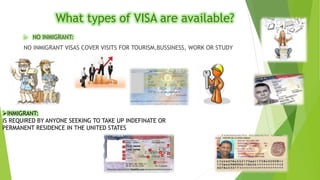 What types of VISA are available? 
 NO INMIGRANT: 
NO INMIGRANT VISAS COVER VISITS FOR TOURISM,BUSSINESS, WORK OR STUDY 
INMIGRANT: 
IS REQUIRED BY ANYONE SEEKING TO TAKE UP INDEFINATE OR 
PERMANENT RESIDENCE IN THE UNITED STATES 
 