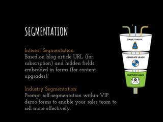 SEGMENTATION
Interest Segmentation:
Based on blog article URL (for
subscription) and hidden fields
embedded in forms (for ...