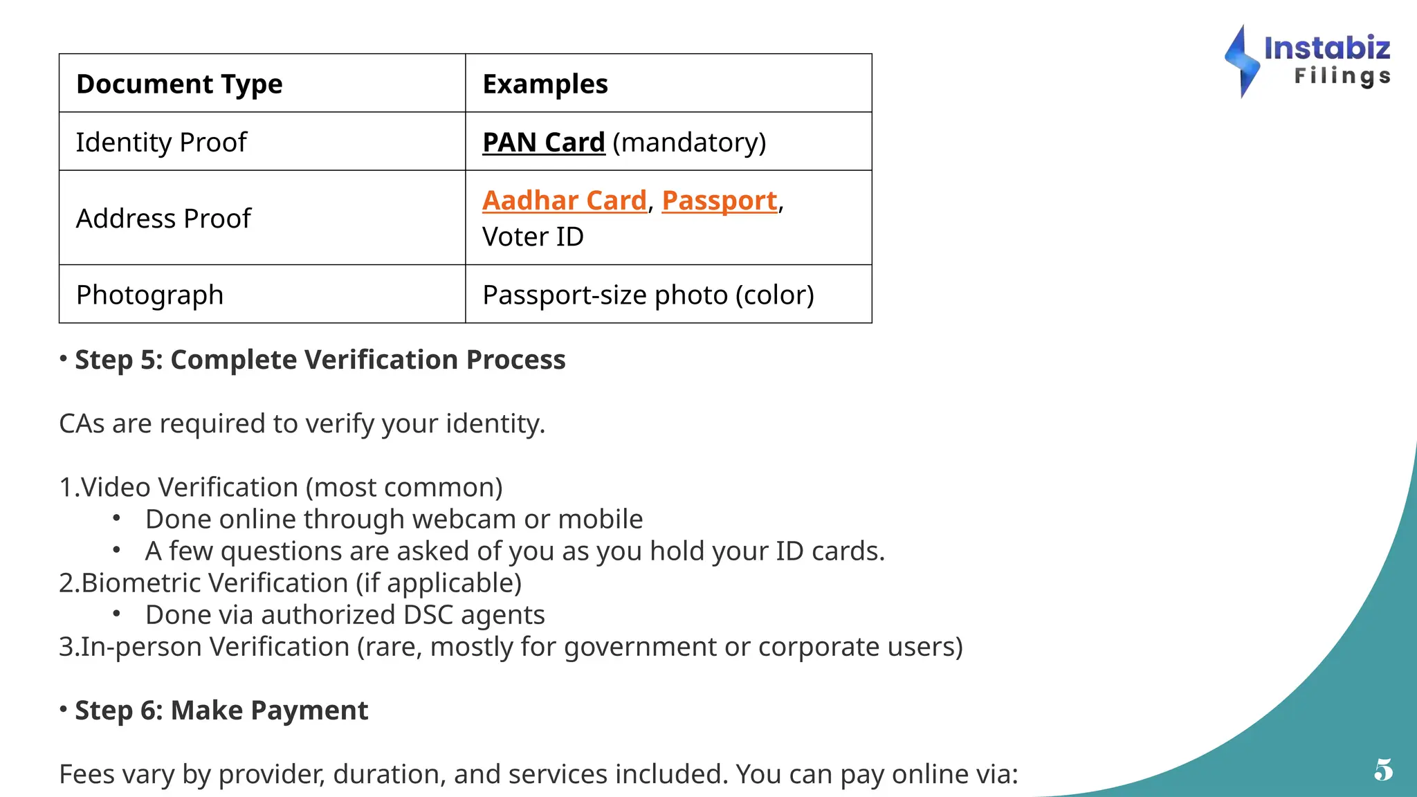 5
Document Type Examples
Identity Proof PAN Card (mandatory)
Address Proof
Aadhar Card, Passport,
Voter ID
Photograph Passport-size photo (color)
• Step 5: Complete Verification Process
CAs are required to verify your identity.
1.Video Verification (most common)
• Done online through webcam or mobile
• A few questions are asked of you as you hold your ID cards.
2.Biometric Verification (if applicable)
• Done via authorized DSC agents
3.In-person Verification (rare, mostly for government or corporate users)
• Step 6: Make Payment
Fees vary by provider, duration, and services included. You can pay online via:
 