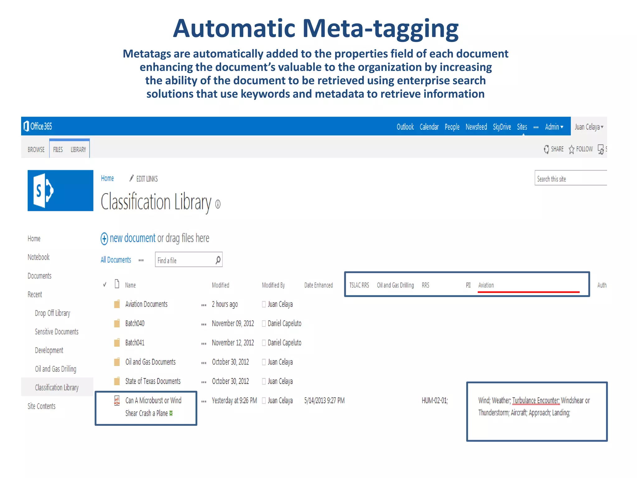 Automatic Meta-tagging
Metatags are automatically added to the properties field of each document
enhancing the document’s valuable to the organization by increasing
the ability of the document to be retrieved using enterprise search
solutions that use keywords and metadata to retrieve information
 