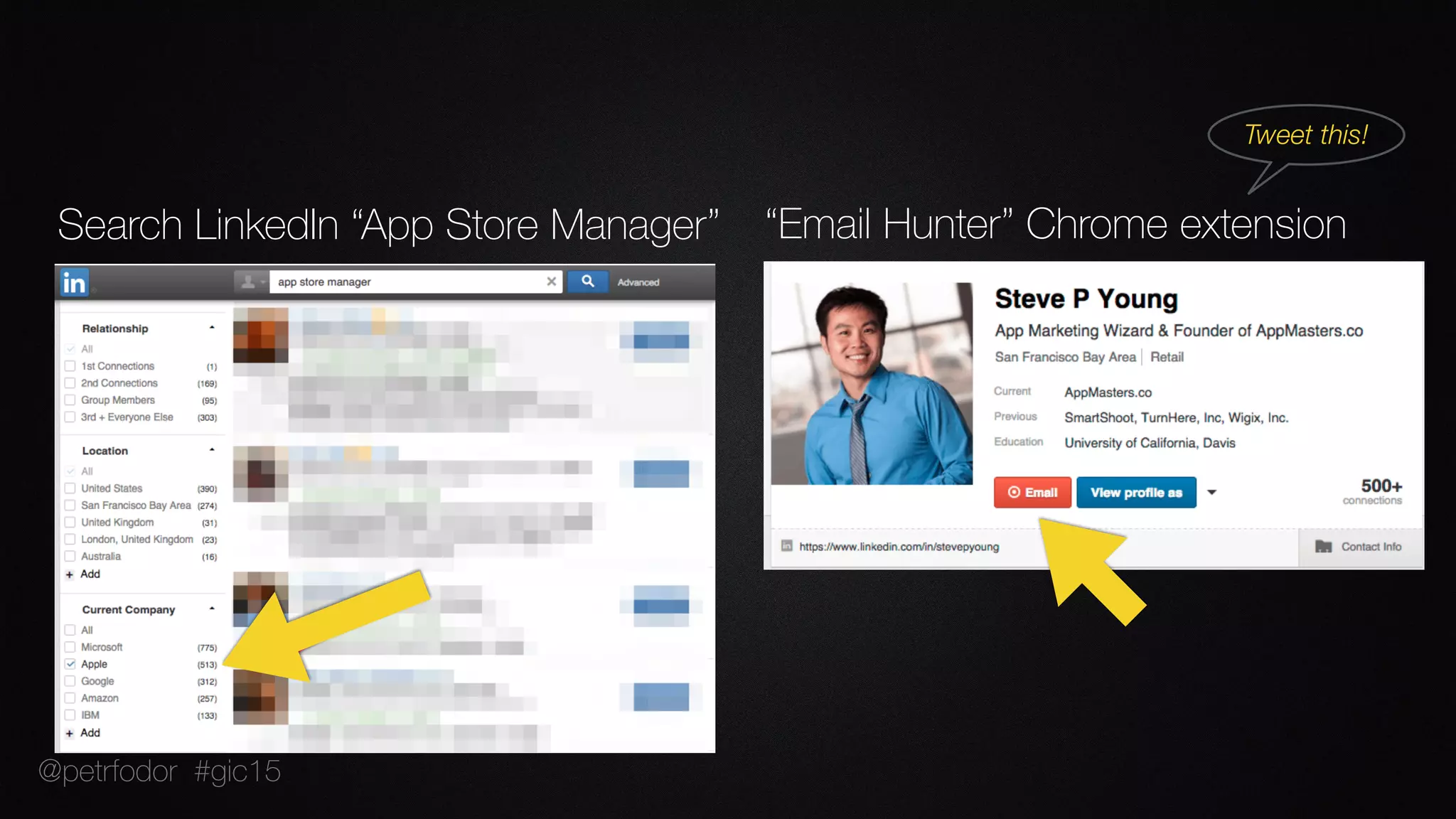 Tweet this!
“Email Hunter” Chrome extensionSearch LinkedIn “App Store Manager”
@petrfodor #gic15
 
