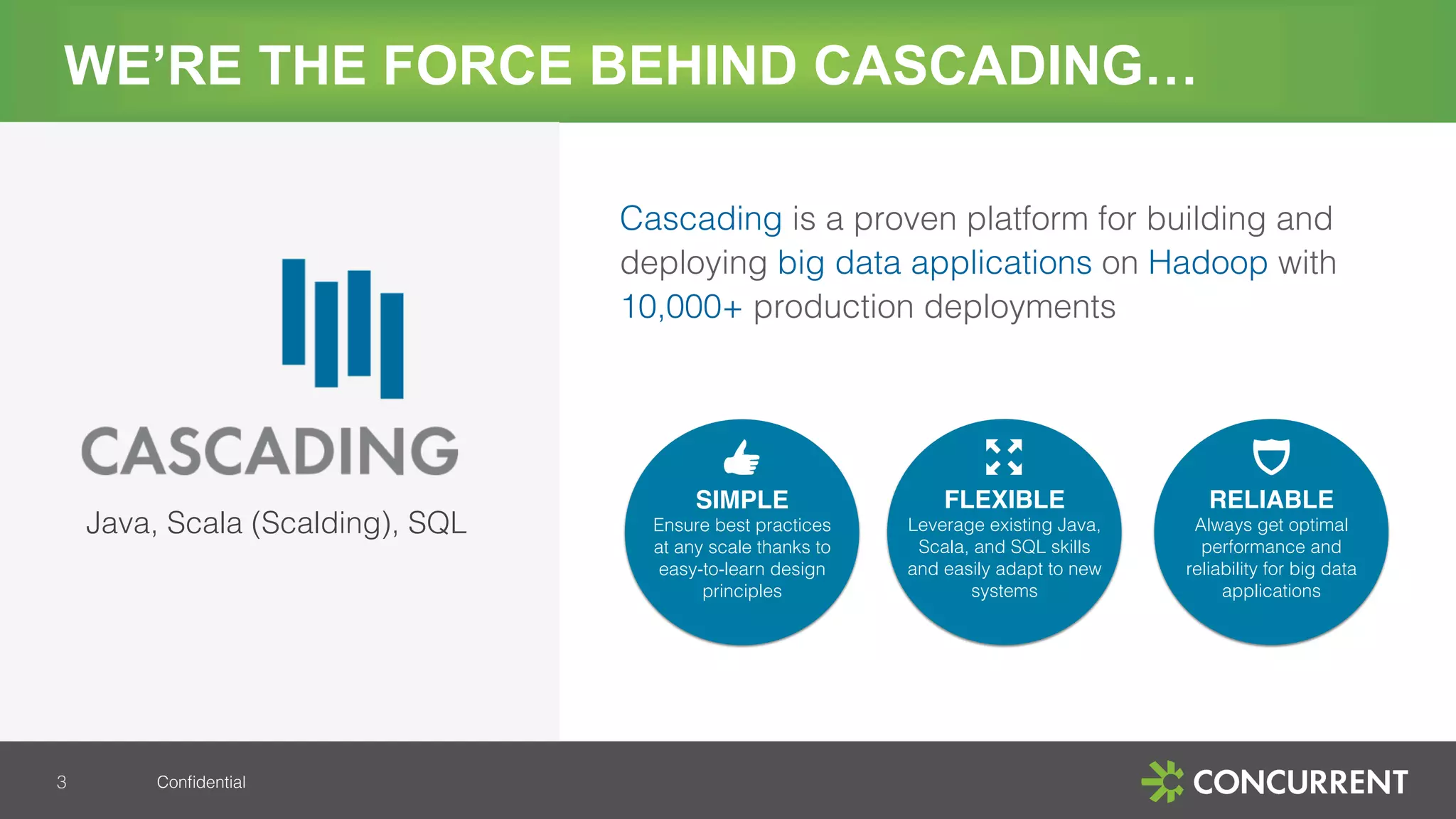Conﬁdential!
WE’RE THE FORCE BEHIND CASCADING…
3!
Cascading is a proven platform for building and
deploying big data applications on Hadoop with
10,000+ production deployments!
Java, Scala (Scalding), SQL!
 
 
SIMPLE
Ensure best practices !
at any scale thanks to !
easy-to-learn design
principles!
 
 
FLEXIBLE
Leverage existing Java,
Scala, and SQL skills
and easily adapt to new
systems!
 
 
RELIABLE
Always get optimal
performance and !
reliability for big data
applications!
!
 