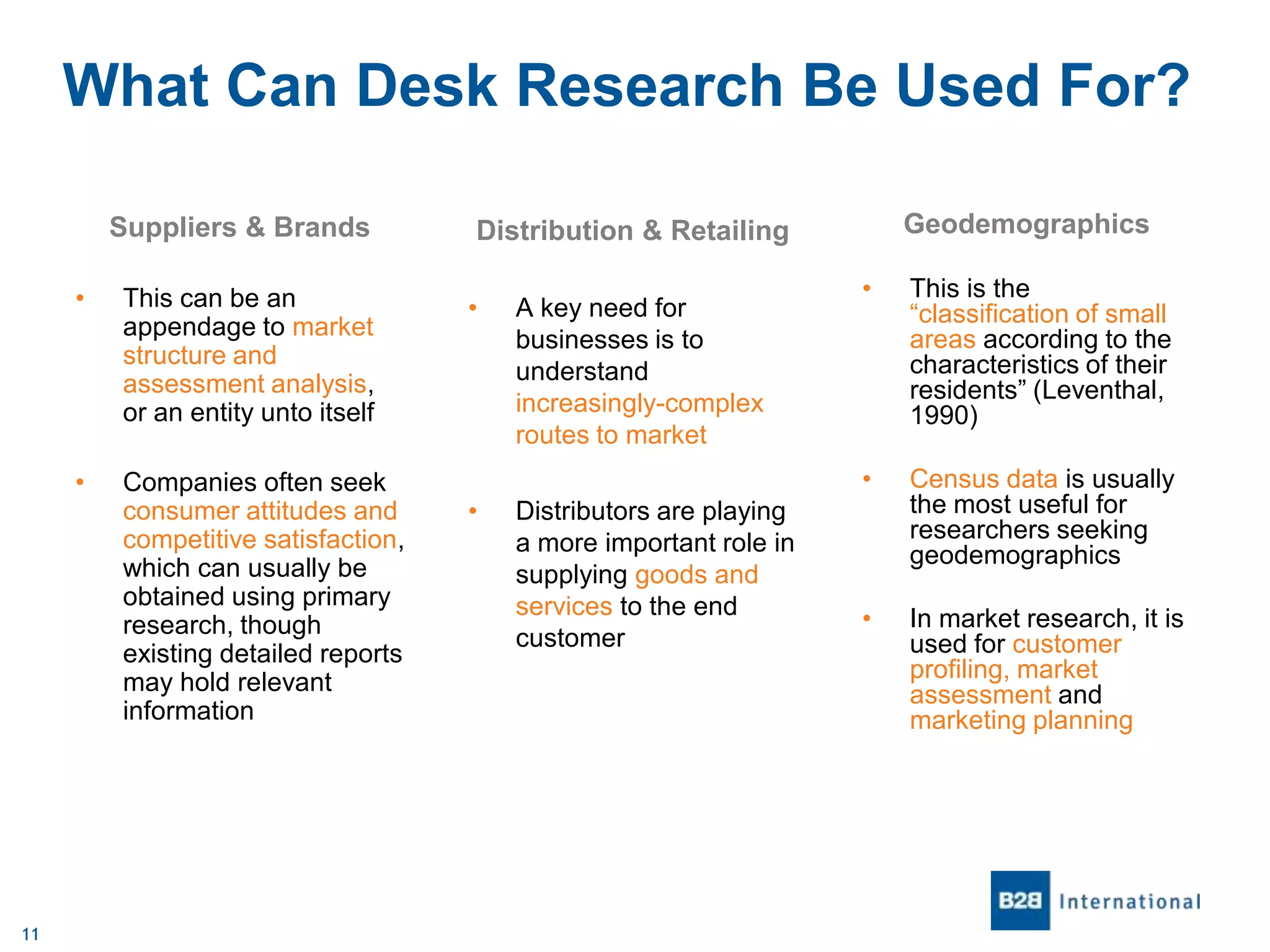 What Can Desk Research Be Used For?
Suppliers & Brands
•

•

11

This can be an
appendage to market
structure and
assessment analysis,
or an entity unto itself
Companies often seek
consumer attitudes and
competitive satisfaction,
which can usually be
obtained using primary
research, though
existing detailed reports
may hold relevant
information

Geodemographics

Distribution & Retailing

•

A key need for
businesses is to
understand
increasingly-complex
routes to market
Distributors are playing
a more important role in
supplying goods and
services to the end
customer

•

This is the
“classification of small
areas according to the
characteristics of their
residents” (Leventhal,
1990)

•

•

Census data is usually
the most useful for
researchers seeking
geodemographics

•

In market research, it is
used for customer
profiling, market
assessment and
marketing planning

 