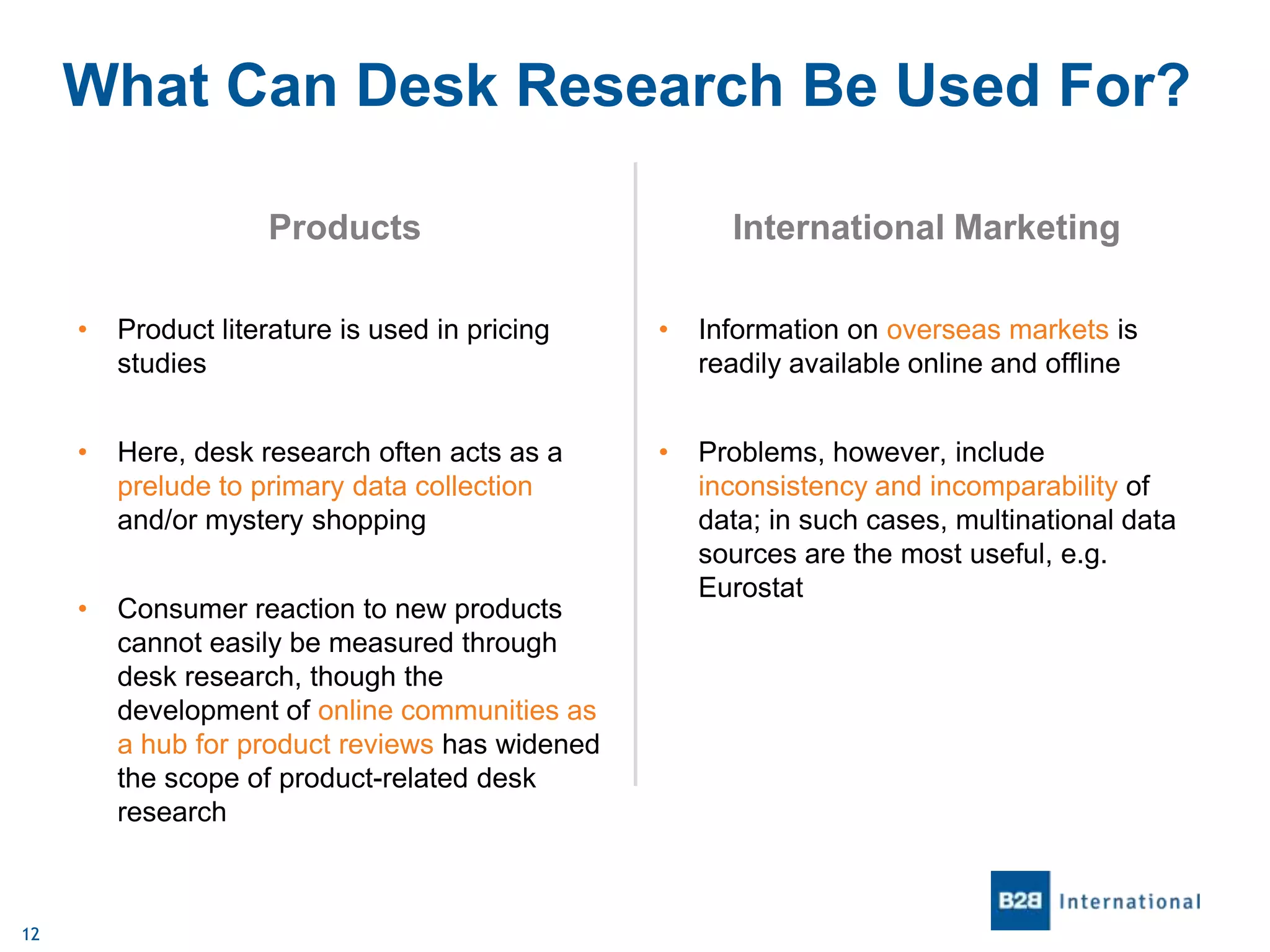 What Can Desk Research Be Used For?
Products

International Marketing

•

•

Information on overseas markets is
readily available online and offline

•

Here, desk research often acts as a
prelude to primary data collection
and/or mystery shopping

•

•

12

Product literature is used in pricing
studies

Consumer reaction to new products
cannot easily be measured through
desk research, though the
development of online communities as
a hub for product reviews has widened
the scope of product-related desk
research

Problems, however, include
inconsistency and incomparability of
data; in such cases, multinational data
sources are the most useful, e.g.
Eurostat

 