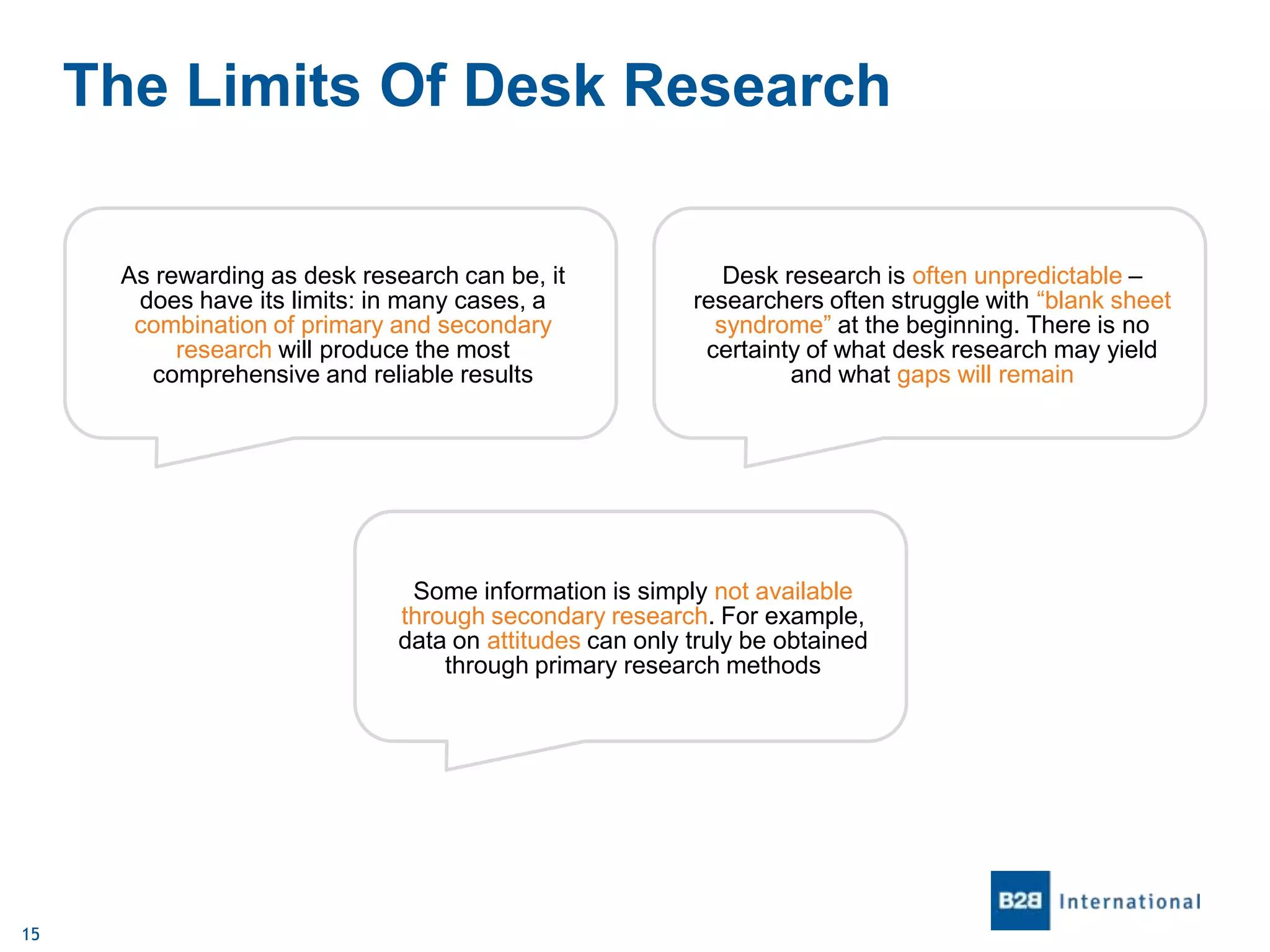 The Limits Of Desk Research
As rewarding as desk research can be, it
does have its limits: in many cases, a
combination of primary and secondary
research will produce the most
comprehensive and reliable results

Desk research is often unpredictable –
researchers often struggle with “blank sheet
syndrome” at the beginning. There is no
certainty of what desk research may yield
and what gaps will remain

Some information is simply not available
through secondary research. For example,
data on attitudes can only truly be obtained
through primary research methods

15

 