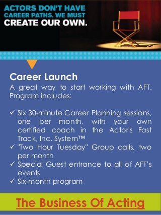 The Business Of Acting
Career Launch
A great way to start working with AFT.
Program includes:
 Six 30-minute Career Plann...