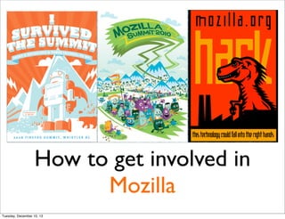 How to get involved in
Mozilla
Tuesday, December 10, 13

 