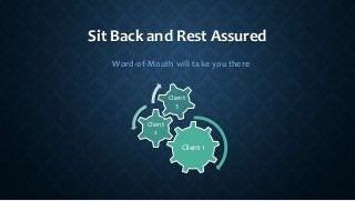 Sit Back and Rest Assured
Word-of-Mouth will take you there
Client 1
Client
2
Client
3
 