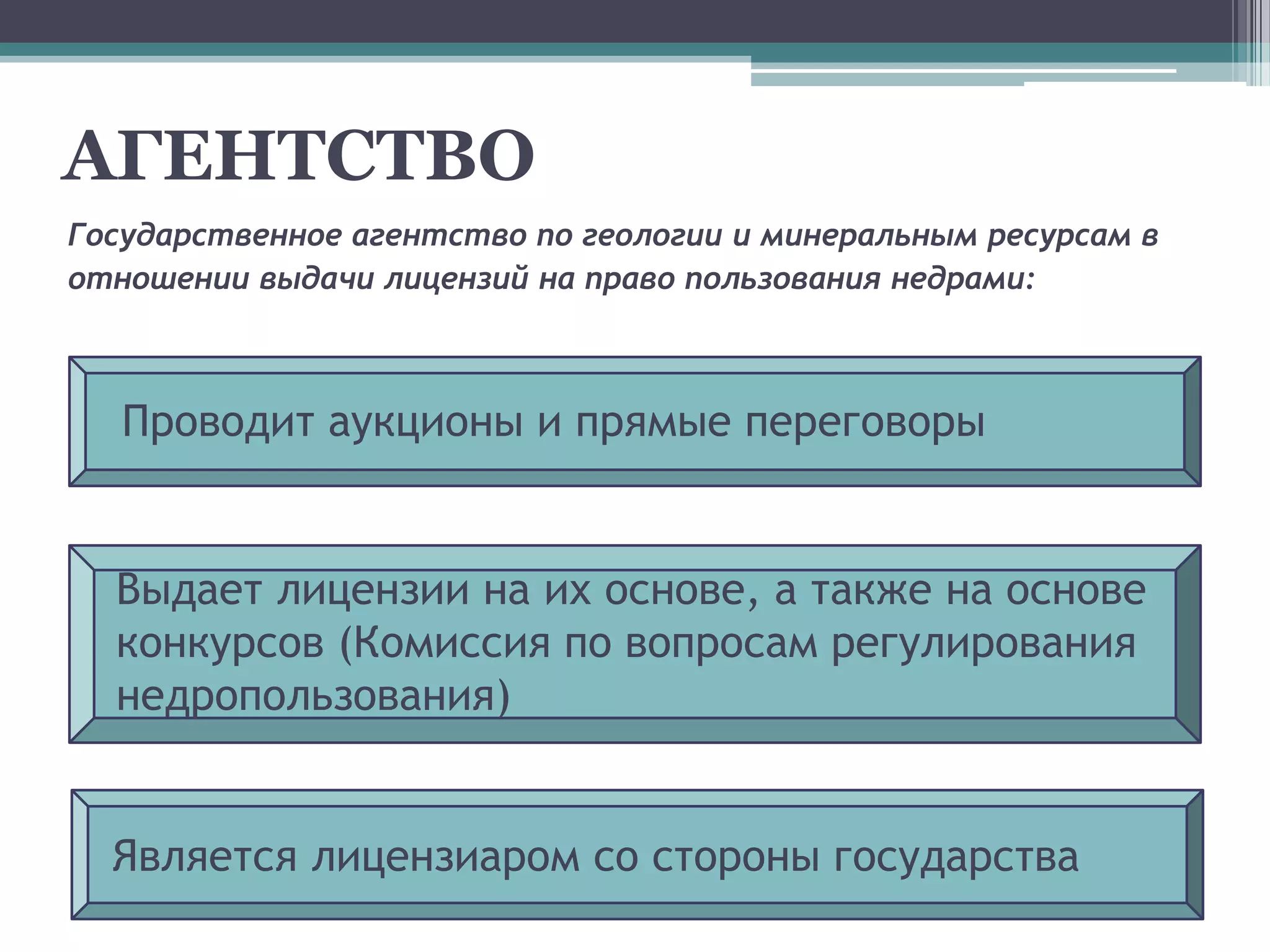 АГЕНТСТВО
Государственное агентство по геологии и минеральным ресурсам в
отношении выдачи лицензий на право пользования недрами:



   Проводит аукционы и прямые переговоры


  Выдает лицензии на их основе, а также на основе
  конкурсов (Комиссия по вопросам регулирования
  недропользования)


  Является лицензиаром со стороны государства
 