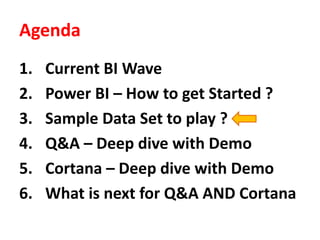 Agenda
1. Current BI Wave
2. Power BI – How to get Started ?
3. Sample Data Set to play ?
4. Q&A – Deep dive with Demo
5. ...