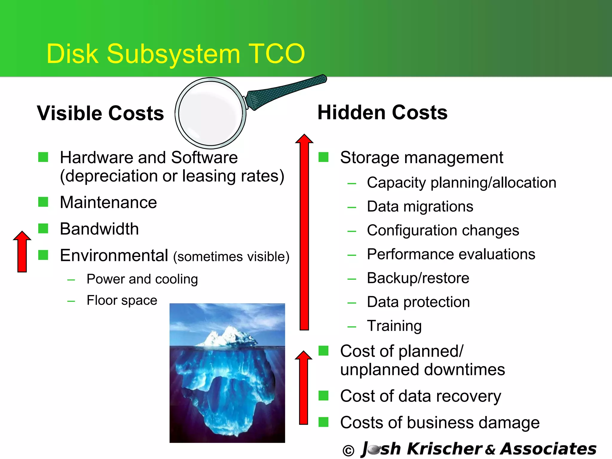 ©
Disk Subsystem TCO
Visible Costs
 Hardware and Software
(depreciation or leasing rates)
 Maintenance
 Bandwidth
 Environmental (sometimes visible)
– Power and cooling
– Floor space
Hidden Costs
 Storage management
– Capacity planning/allocation
– Data migrations
– Configuration changes
– Performance evaluations
– Backup/restore
– Data protection
– Training
 Cost of planned/
unplanned downtimes
 Cost of data recovery
 Costs of business damage
 