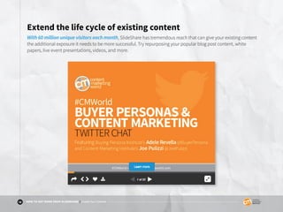 12 HOW TO GET MORE FROM SLIDESHARE | Create Your Content
Extend the life cycle of existing content
With 60 million unique ...
