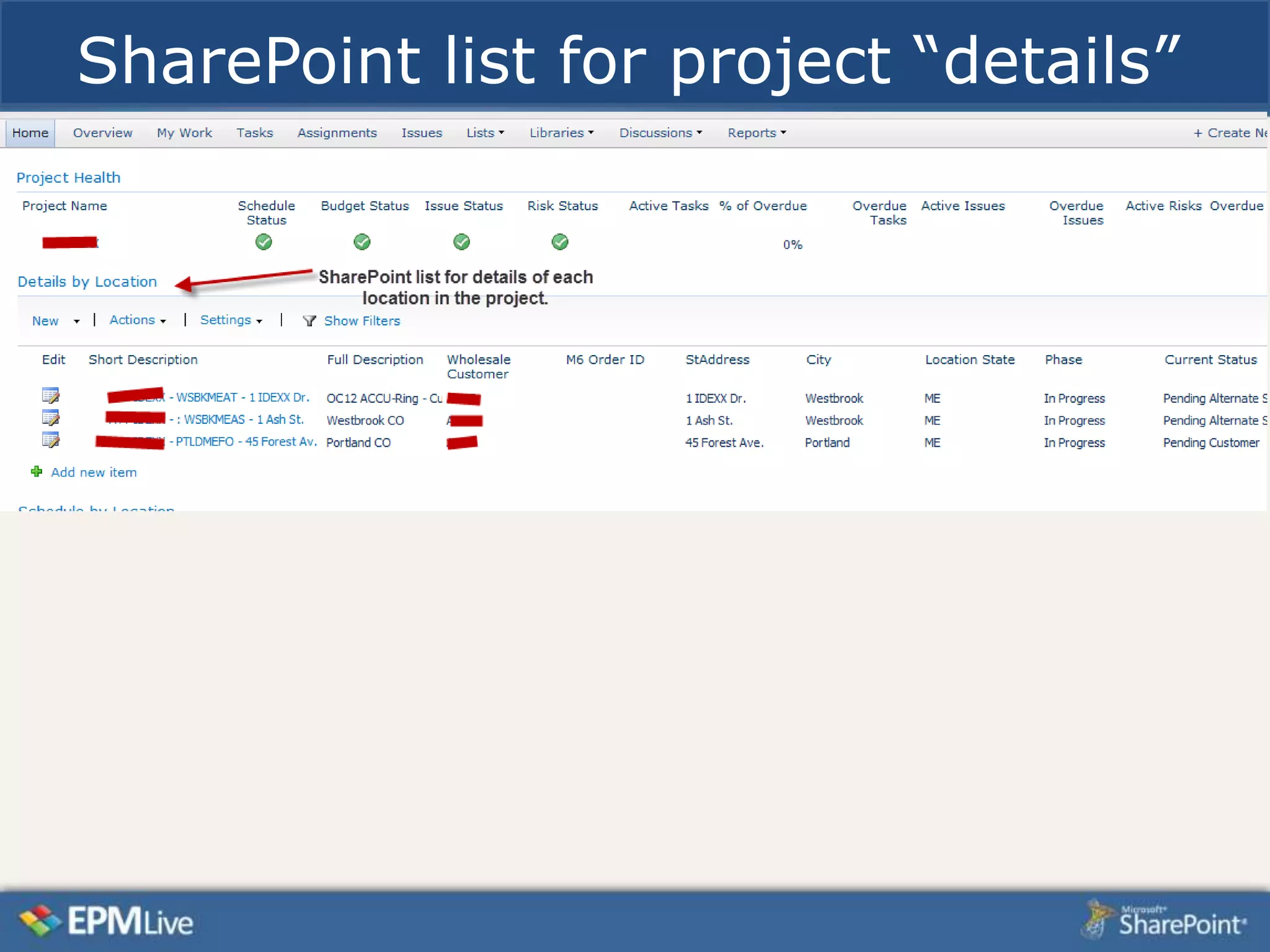 SharePoint list for project “details”
 