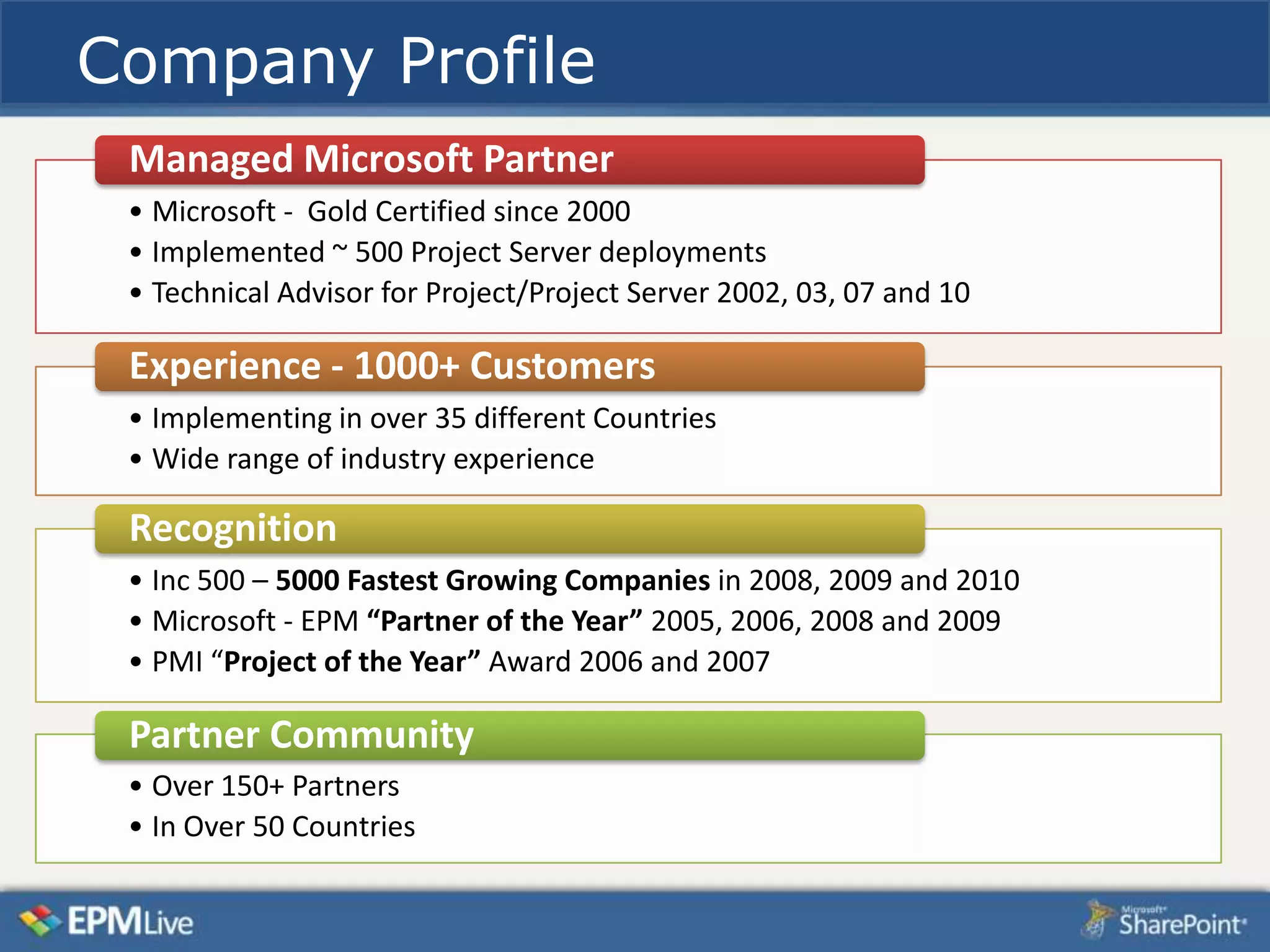 Company Profile
 Managed Microsoft Partner
 • Microsoft - Gold Certified since 2000
 • Implemented ~ 500 Project Server deployments
 • Technical Advisor for Project/Project Server 2002, 03, 07 and 10

 Experience - 1000+ Customers
 • Implementing in over 35 different Countries
 • Wide range of industry experience

 Recognition
 • Inc 500 – 5000 Fastest Growing Companies in 2008, 2009 and 2010
 • Microsoft - EPM “Partner of the Year” 2005, 2006, 2008 and 2009
 • PMI “Project of the Year” Award 2006 and 2007

 Partner Community
 • Over 150+ Partners
 • In Over 50 Countries
 