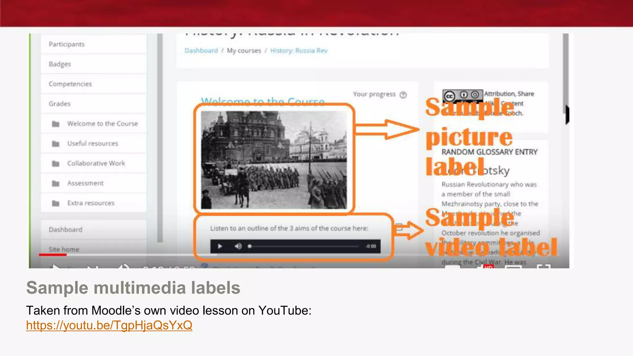 Sample multimedia labels
Taken from Moodle’s own video lesson on YouTube:
https://youtu.be/TgpHjaQsYxQ
 