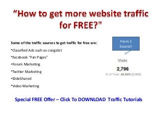 Some of the traffic sources to get traffic for free are:   From 1
                                                           Source!
•Classified Ads such as craigslist
•Facebook “Fan Pages”
•Forum Marketing
•Twitter Marketing
•SlideShared
•Video Marketing


  Special FREE Offer – Click To DOWNLOAD Traffic Tutorials
 