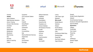 Acclivity
Adobe
Alpha Software
Atlas Business Solutions
Atomic Training
Amazon Web Services
Autodesk
Azavea
BetterWorld
Bitdefender
Blackbaud
Bloomerang
Box
Brocade
Bytes of Learning
Caspio
CauseVox
CDI Computer Dealers
Cisco
Citrix
CitySoft
CleverReach
ClickTime
Closerware
Comodo
Connect2Give
Dell
Dharma Merchant Services
Digital Wish
Dolby
DonorPerfect
DocuSign
Efficient Elements
FileMaker
GoDaddy
GrantStation
Guide By Cell
Headsets.com
Horizon DataSys
HR Solutions Partners
Huddle
Idealware
InFocus
Informz
InterConnection
Intuit
JourneyEd
Litmos
Little Green Light
Mailshell
Microsoft
Mobile Beacon
NetSuite
Nielsen
NonProfitEasy
O&O Software
Okta
Quickbooks Made Easy
Reading Eggs
ReadyTalk
Red Earth Software
Sage Software
Shopify
Simple Charity Registration
Skillsoft
Smart Business Savings
Society for Nonprofit Organizations
Sparrow Mobile
Symantec
Tableau
TechBridge
Tech Impact
Teespring
Telosa
Tint
Ultralingua
Western Digital
Zoner
 
