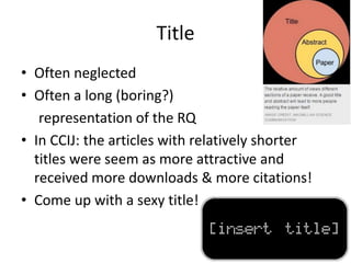 Title
• Often neglected
• Often a long (boring?)
representation of the RQ
• In CCIJ: the articles with relatively shorter
titles were seem as more attractive and
received more downloads & more citations!
• Come up with a sexy title!
 
