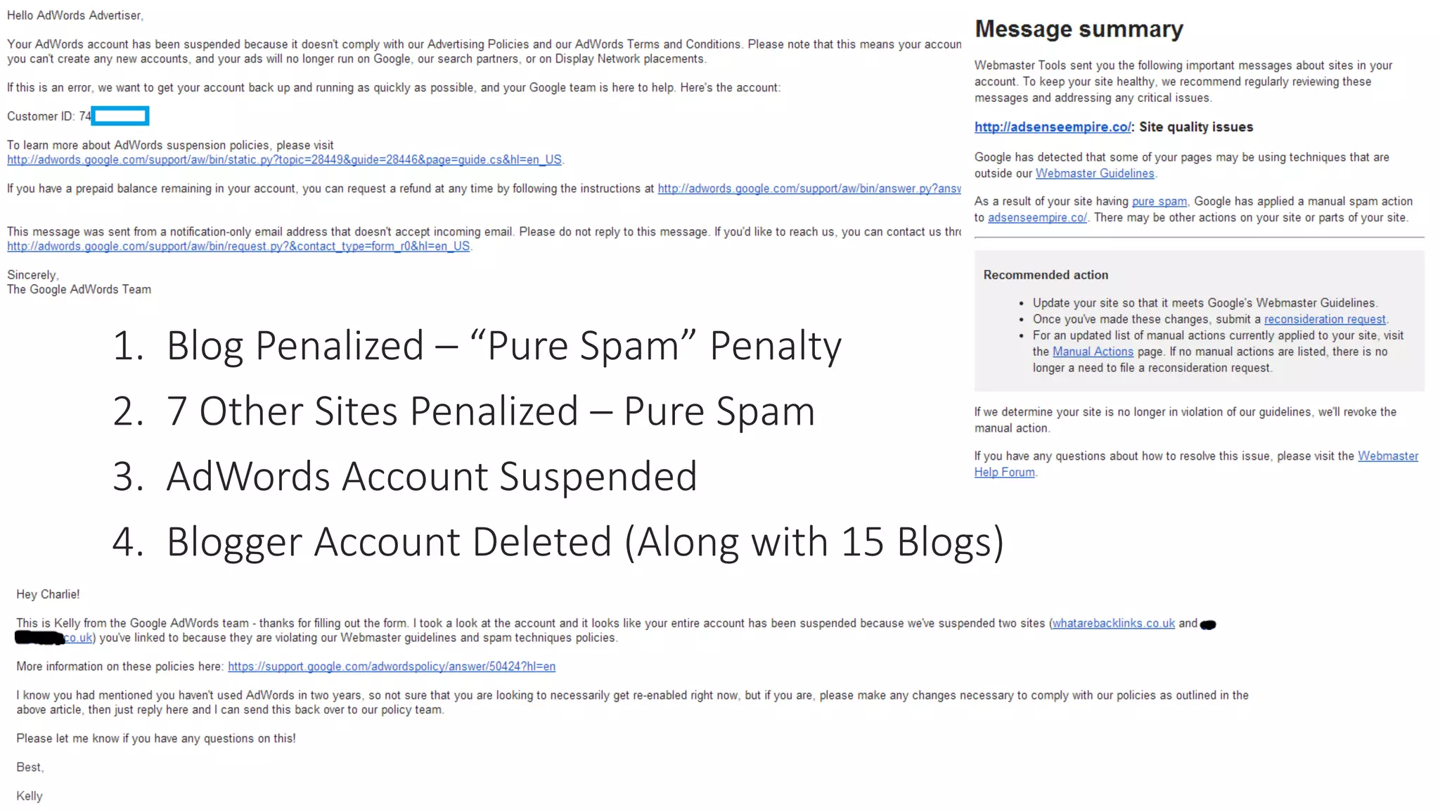 1. Blog Penalized – “Pure Spam” Penalty
2. 7 Other Sites Penalized – Pure Spam
3. AdWords Account Suspended
4. Blogger Account Deleted (Along with 15 Blogs)
 