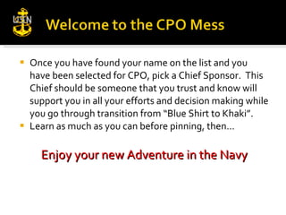 <ul><li>Once you have found your name on the list and you have been selected for CPO, pick a Chief Sponsor.  This Chief sh...