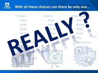 With all these choices can there be only one…

Strategies       Systems         Objectives, KPI’s
    RCM             SAP              OEE
    TPM             Maximo           MTBF
    VDM             JD Edwards       PMC
    BCM             DMM              CMH
    QBM             Many more…       SO
    Many more…                        Many more…
 