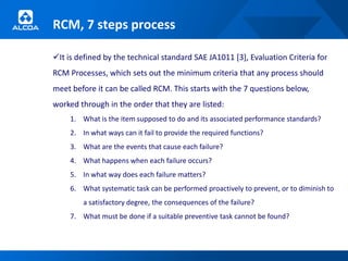 RCM, 7 steps process

It is defined by the technical standard SAE JA1011 [3], Evaluation Criteria for
RCM Processes, which sets out the minimum criteria that any process should
meet before it can be called RCM. This starts with the 7 questions below,
worked through in the order that they are listed:
     1. What is the item supposed to do and its associated performance standards?
     2. In what ways can it fail to provide the required functions?
     3. What are the events that cause each failure?
     4. What happens when each failure occurs?
     5. In what way does each failure matters?
     6. What systematic task can be performed proactively to prevent, or to diminish to
         a satisfactory degree, the consequences of the failure?
     7. What must be done if a suitable preventive task cannot be found?
 