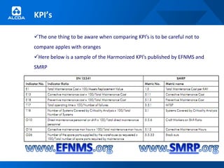 KPI’s

The one thing to be aware when comparing KPI’s is to be careful not to
compare apples with oranges
Here below is a sample of the Harmonized KPI’s published by EFNMS and
SMRP
 