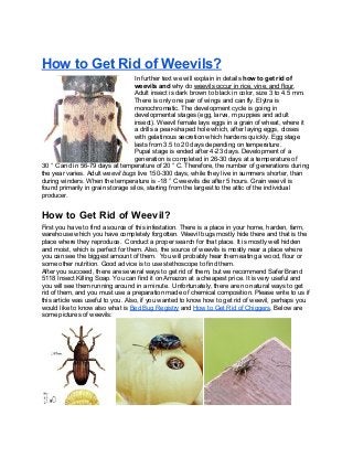 How to Get Rid of Weevils?
In further text we will explain in details how to get rid of
weevils and why do weevils occur in rice, vine, and flour.
Adult insect is dark brown to black in color, size 3 to 4.5 mm.
There is only one pair of wings and can fly. Elytra is
monochromatic. The development cycle is going in
developmental stages (egg, larva, m puppies and adult
insect). Weevil female lays eggs in a grain of wheat, where it
a drills a pear-shaped hole which, after laying eggs, closes
with gelatinous secretion which hardens quickly. Egg stage
lasts from 3.5 to 20 days depending on temperature.
Pupal stage is ended after 4-23 days. Development of a
generation is completed in 26-30 days at a temperature of
30 ° C and in 56-79 days at temperature of 20 ° C. Therefore, the number of generations during
the year varies. Adult weevil bugs live 150-300 days, while they live in summers shorter, than
during winders. When the temperature is -18 ° C weevils die after 5 hours. Grain weevil is
found primarily in grain storage silos, starting from the largest to the attic of the individual
producer.
How to Get Rid of Weevil?
First you have to find a source of this infestation. There is a place in your home, harden, farm,
warehouse which you have completely forgotten. Weevil bugs mostly hide there and that is the
place where they reproduce. Conduct a proper search for that place. It is mostly well hidden
and moist, which is perfect for them. Also, the source of weevils is mostly near a place where
you can see the biggest amount of them. You will probably hear them eating a wood, flour or
some other nutrition. Good advice is to use stethoscope to find them.
After you succeed, there are several ways to get rid of them, but we recommend Safer Brand
5118 Insect Killing Soap. You can find it on Amazon at a cheapest price. It is very useful and
you will see them running around in a minute. Unfortunately, there are no natural ways to get
rid of them, and you must use a preparation made of chemical composition. Please write to us if
this article was useful to you. Also, if you wanted to know how to get rid of weevil, perhaps you
would like to know also what is Bed Bug Registry and How to Get Rid of Chiggers. Below are
some pictures of weevils:
 