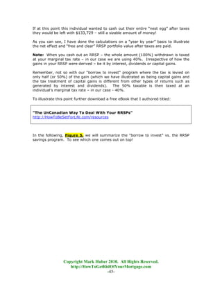 If at this point this individual wanted to cash out their entire “nest egg” after taxes
they would be left with $133,729 – still a sizable amount of money!

As you can see, I have done the calculations on a “year by year” basis to illustrate
the net effect and “free and clear” RRSP portfolio value after taxes are paid.

Note: When you cash out an RRSP – the whole amount (100%) withdrawn is taxed
at your marginal tax rate – in our case we are using 40%. Irrespective of how the
gains in your RRSP were derived – be it by interest, dividends or capital gains.

Remember, not so with our “borrow to invest” program where the tax is levied on
only half (or 50%) of the gain (which we have illustrated as being capital gains and
the tax treatment of capital gains is different from other types of returns such as
generated by interest and dividends). The 50% taxable is then taxed at an
individual’s marginal tax rate – in our case - 40%.

To illustrate this point further download a free eBook that I authored titled:


"The UnCanadian Way To Deal With Your RRSPs”
http://HowToBeSetForLife.com/resources




In the following, Figure 5. we will summarize the “borrow to invest” vs. the RRSP
savings program. To see which one comes out on top!




                 Copyright Mark Huber 2010. All Rights Reserved.
                    http://HowToGetRidOfYourMortgage.com
                                     -45-
 