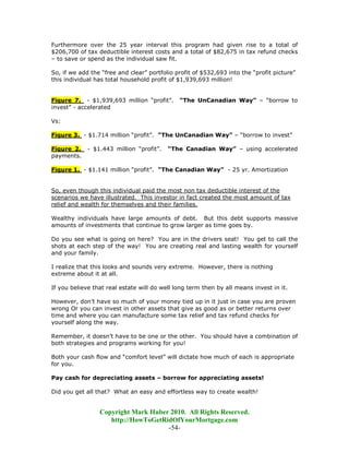 Furthermore over the 25 year interval this program had given rise to a total of
$206,700 of tax deductible interest costs and a total of $82,675 in tax refund checks
– to save or spend as the individual saw fit.

So, if we add the “free and clear” portfolio profit of $532,693 into the “profit picture”
this individual has total household profit of $1,939,693 million!


Figure 7. - $1,939,693 million “profit”.      “The UnCanadian Way” – “borrow to
invest” - accelerated

Vs:

Figure 3. - $1.714 million “profit”. “The UnCanadian Way” – “borrow to invest”

Figure 2.    - $1.443 million “profit”.   “The Canadian Way” – using accelerated
payments.

Figure 1. - $1.141 million “profit”. “The Canadian Way” - 25 yr. Amortization


So, even though this individual paid the most non tax deductible interest of the
scenarios we have illustrated. This investor in fact created the most amount of tax
relief and wealth for themselves and their families.

Wealthy individuals have large amounts of debt. But this debt supports massive
amounts of investments that continue to grow larger as time goes by.

Do you see what is going on here? You are in the drivers seat! You get to call the
shots at each step of the way! You are creating real and lasting wealth for yourself
and your family.

I realize that this looks and sounds very extreme. However, there is nothing
extreme about it at all.

If you believe that real estate will do well long term then by all means invest in it.

However, don’t have so much of your money tied up in it just in case you are proven
wrong Or you can invest in other assets that give as good as or better returns over
time and where you can manufacture some tax relief and tax refund checks for
yourself along the way.

Remember, it doesn’t have to be one or the other. You should have a combination of
both strategies and programs working for you!

Both your cash flow and “comfort level” will dictate how much of each is appropriate
for you.

Pay cash for depreciating assets – borrow for appreciating assets!

Did you get all that? What an easy and effortless way to create wealth!


                 Copyright Mark Huber 2010. All Rights Reserved.
                    http://HowToGetRidOfYourMortgage.com
                                     -54-
 