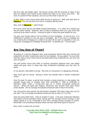 We do it with real estate right? We borrow money with the promise to repay it and
then let inflation and market forces dictate the value of our home over time. We
have no control of that valuation, but we sure like what it does for us!

In fact, what is your home doing while all this is going on? Well, just look back to
Figure 1. You can see that your home is steadily gaining value.

Now, look at Figure 6. – same thing!

Of course, there will be real estate market fluctuations – it is, after all a market just
like any other market. However, with no help or assistance from you, your home will
continue to do what it will do – continue to gain in value and grow wealth for you.

You see, your homes value is not a function of your mortgage – or lack of one. It is
indifferent to whether or not you have a mortgage. But if you have a mortgage are
you treating the mortgage as a debt to be paid off as soon as possible or are you
using your mortgage as a strategic financial tool – to benefit you – not the bank!




Are You One of Them?
According to a Decima Research poll, most Canadians believe that their homes will
outperform all other investments over the next decade. Do you agree? Do you think
that the value of your home will be the best-performing investment for you over the
next 10 years?

The poll further found that 59% of working Canadians believed their real estate
assets will grow more in value than their investment portfolios over the next 10
years.

In my opinion, that belief is wrong. Not only is it wrong but it is dangerous thinking.

Now, don’t get me wrong.      Buying a home has actually been a decent investment
choice.

Over the past 15 years, a period that includes a brutal downturn in real estate, the
average house price in Canada went from $156,000 in 1990 to $239,000 in
February, 2005. That's a 53-per-cent gain (or a 3.55% annualized compound
return). While hot spots like Calgary, Vancouver and Toronto have seen house
prices double. (for an average annualized compound rate of return of 6.67%)

Yet, during this same period, the benchmark Canadian TSX stock index was up 212
per cent! (for an average annualized compound rate of return of 14.13%)

Here are some other facts. Tack on another 5 years. A 20 year comparison between
real estate and the Canadian stock market saw the average annual increase in real
estate assets at 5.1%, compared to the TSX's average annual increase of 9.35%.
Remember, the preceding examples where we have see these types of returns?

Now, which numbers do you like?

                 Copyright Mark Huber 2010. All Rights Reserved.
                    http://HowToGetRidOfYourMortgage.com
                                     -55-
 