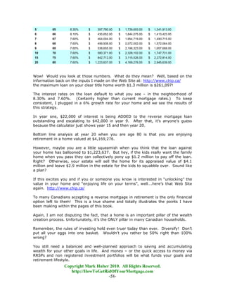 5         65        8.35%     $    397,780.00    $   1,739,693.00   $   1,341,913.00
6         66        8.10%     $    430,652.00    $   1,844,075.00   $   1,413,423.00
7         67        7.60%     $    464,004.00    $   1,954,719.00   $   1,490,715.00
8         68        7.60%     $    499,938.00    $   2,072,002.00   $   1,572,064.00
9         69        7.60%     $    538,655.00    $   2,196,323.00   $   1,657,668.00
10        70        7.60%     $    580,371.00    $   2,328,102.00   $   1,747,731.00
15        75        7.60%     $    842,712.00    $   3,115,526.00   $   2,272,814.00
20        80        7.60%     $   1,223,637.00   $   4,169,276.00   $   2,945,639.00



Wow! Would you look at those numbers. What do they mean? Well, based on the
information back on the inputs I made on the Web Site at: http://www.chip.ca/
the maximum loan on your clear title home worth $1.3 million is $261,097!

The interest rates on the loan default to what you see – in the neighborhood of
8.30% and 7.60%. (Certainly higher than current mortgage rates.) To keep
consistent, I plugged in a 6% growth rate for your home and we see the results of
this strategy.

In year one, $22,000 of interest is being ADDED to the reverse mortgage loan
outstanding and escalating to $42,000 in year 9. After that, it’s anyone’s guess
because the calculator just shows year 15 and then year 20.

Bottom line analysis at year 20 when you are age 80 is that you are enjoying
retirement in a home valued at $4,169,276.

However, maybe you are a little squeamish when you think that the loan against
your home has ballooned to $1,223,637. But hey, if the kids really want the family
home when you pass they can collectively pony up $1.2 million to pay off the loan.
Right? Otherwise, your estate will sell the home for its appraised value of $4.1
million and leave $2.9 million in the estate for the kids to squabble over. Sound like
a plan?

If this excites you and if you or someone you know is interested in “unlocking” the
value in your home and “enjoying life on your terms”, well….here’s that Web Site
again. http://www.chip.ca/

To many Canadians accepting a reverse mortgage in retirement is the only financial
option left to them! This is a true shame and totally illustrates the points I have
been making within the pages of this book.

Again, I am not disputing the fact, that a home is an important pillar of the wealth
creation process. Unfortunately, it’s the ONLY pillar in many Canadian households.

Remember, the rules of investing hold even truer today than ever. Diversify! Don’t
put all your eggs into one basket. Wouldn’t you rather be 50% right than 100%
wrong?

You still need a balanced and well-planned approach to saving and accumulating
wealth for your other goals in life. And money – or the quick access to money via
RRSPs and non registered investment portfolios will be what funds your goals and
retirement lifestyle.
                Copyright Mark Huber 2010. All Rights Reserved.
                   http://HowToGetRidOfYourMortgage.com
                                    -58-
 