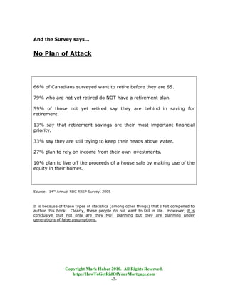 And the Survey says…


No Plan of Attack




66% of Canadians surveyed want to retire before they are 65.

79% who are not yet retired do NOT have a retirement plan.

59% of those not yet retired say they are behind in saving for
retirement.

13% say that retirement savings are their most important financial
priority.

33% say they are still trying to keep their heads above water.

27% plan to rely on income from their own investments.

10% plan to live off the proceeds of a house sale by making use of the
equity in their homes.




Source: 14th Annual RBC RRSP Survey, 2005



It is because of these types of statistics (among other things) that I felt compelled to
author this book. Clearly, these people do not want to fail in life. However, it is
conclusive that not only are they NOT planning but they are planning under
generations of false assumptions.




                 Copyright Mark Huber 2010. All Rights Reserved.
                    http://HowToGetRidOfYourMortgage.com
                                      -7-
 