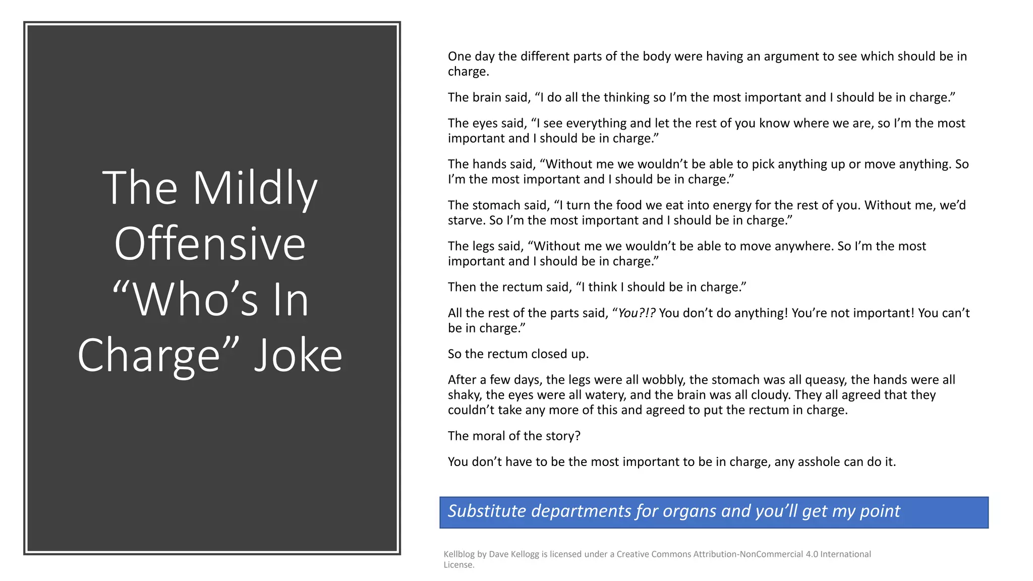 Substitute departments for organs and you’ll get my point
The Mildly
Offensive
“Who’s In
Charge” Joke
One day the different parts of the body were having an argument to see which should be in
charge.
The brain said, “I do all the thinking so I’m the most important and I should be in charge.”
The eyes said, “I see everything and let the rest of you know where we are, so I’m the most
important and I should be in charge.”
The hands said, “Without me we wouldn’t be able to pick anything up or move anything. So
I’m the most important and I should be in charge.”
The stomach said, “I turn the food we eat into energy for the rest of you. Without me, we’d
starve. So I’m the most important and I should be in charge.”
The legs said, “Without me we wouldn’t be able to move anywhere. So I’m the most
important and I should be in charge.”
Then the rectum said, “I think I should be in charge.”
All the rest of the parts said, “You?!? You don’t do anything! You’re not important! You can’t
be in charge.”
So the rectum closed up.
After a few days, the legs were all wobbly, the stomach was all queasy, the hands were all
shaky, the eyes were all watery, and the brain was all cloudy. They all agreed that they
couldn’t take any more of this and agreed to put the rectum in charge.
The moral of the story?
You don’t have to be the most important to be in charge, any asshole can do it.
Kellblog by Dave Kellogg is licensed under a Creative Commons Attribution-NonCommercial 4.0 International
License.
 