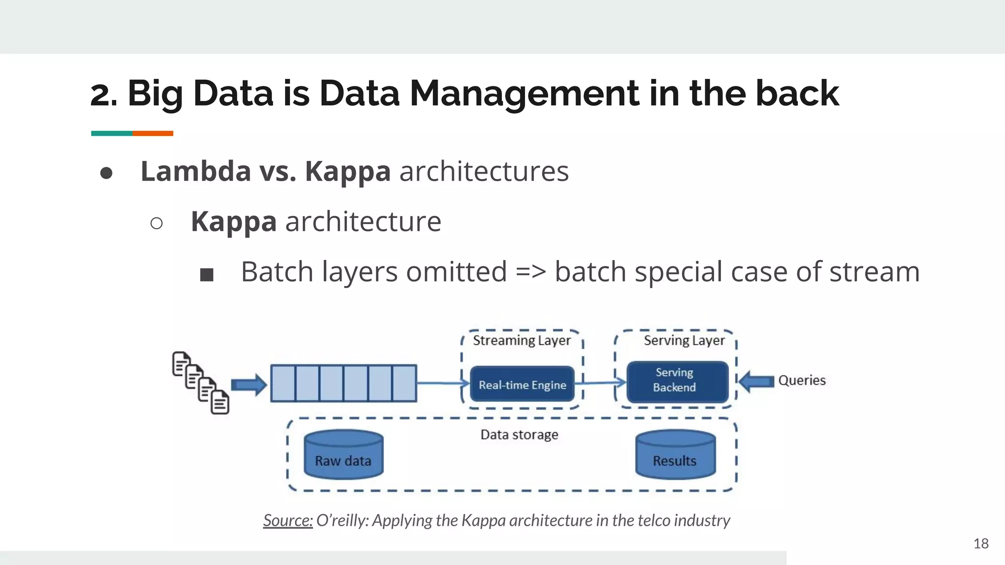 2. Big Data is Data Management in the back
● Lambda vs. Kappa architectures
○ Kappa architecture
■ Batch layers omitted => batch special case of stream
18
Source: O’reilly: Applying the Kappa architecture in the telco industry
 