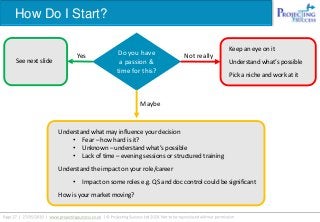 How Do I Start?
See next slide
Do you have
a passion &
time for this?
Yes
Maybe
Not really
Keep an eye on it
Understand what’s possible
Pick a niche and work at it
Understand what may influence your decision
• Fear – how hard is it?
• Unknown – understand what’s possible
• Lack of time – evening sessions or structured training
Understand the impact on your role/career
• Impact on some roles e.g. QS and doc control could be significant
How is your market moving?
 