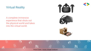 A complete immersive
experience that shuts out
the physical world and takes
into the virtual world.
Virtual Reality
Picture Credit – Oculus, Google Cardboard
 