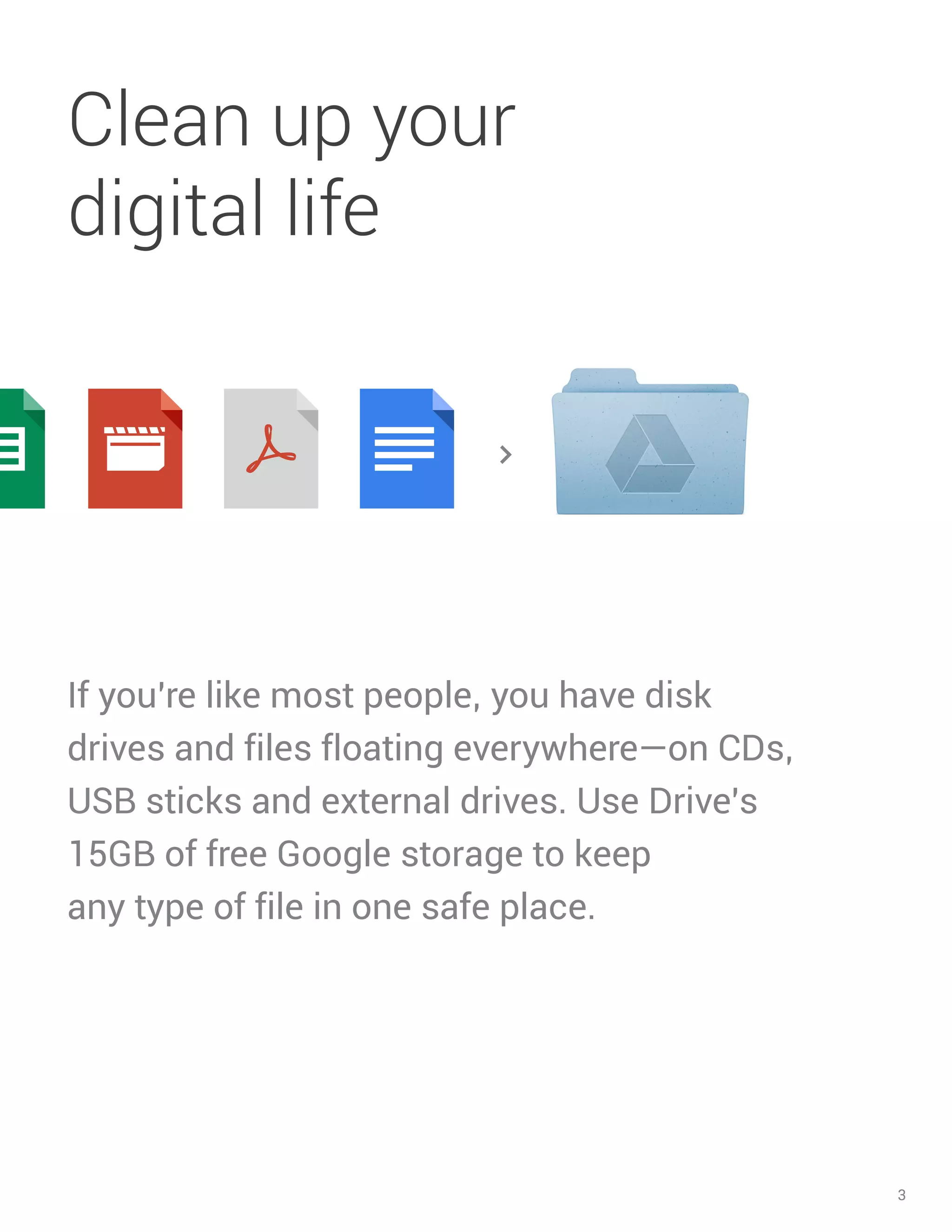 3 
If you’re like most people, you have disk drives and files floating everywhere—on CDs, USB sticks and external drives. Use Drive’s 15GB of free Google storage to keep 
any type of file in one safe place. 
Clean up your 
digital life  