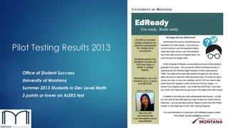 Pilot Testing Results 2013
Office of Student Success
University of Montana
Summer 2013 Students in Dev Level Math
3 points or lower on ALEKS test
 