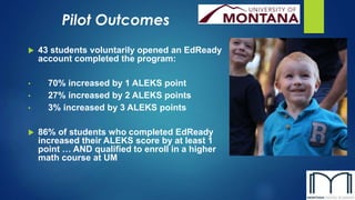  43 students voluntarily opened an EdReady
account completed the program:
• 70% increased by 1 ALEKS point
• 27% increased by 2 ALEKS points
• 3% increased by 3 ALEKS points
 86% of students who completed EdReady
increased their ALEKS score by at least 1
point … AND qualified to enroll in a higher
math course at UM
Pilot Outcomes
 