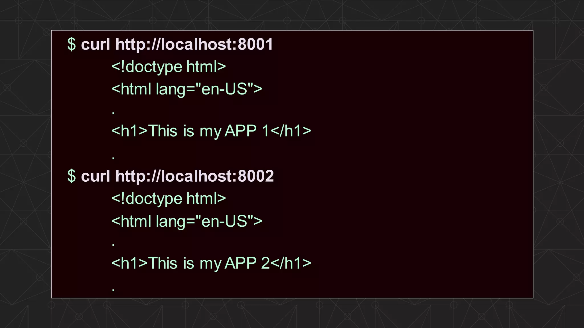 | ©2019 F5 21 $ curl http://localhost:8001 <!doctype html> <html lang="en-US"> . <h1>This is my APP 1</h1> . $ curl http://localhost:8002 <!doctype html> <html lang="en-US"> . <h1>This is my APP 2</h1> . 