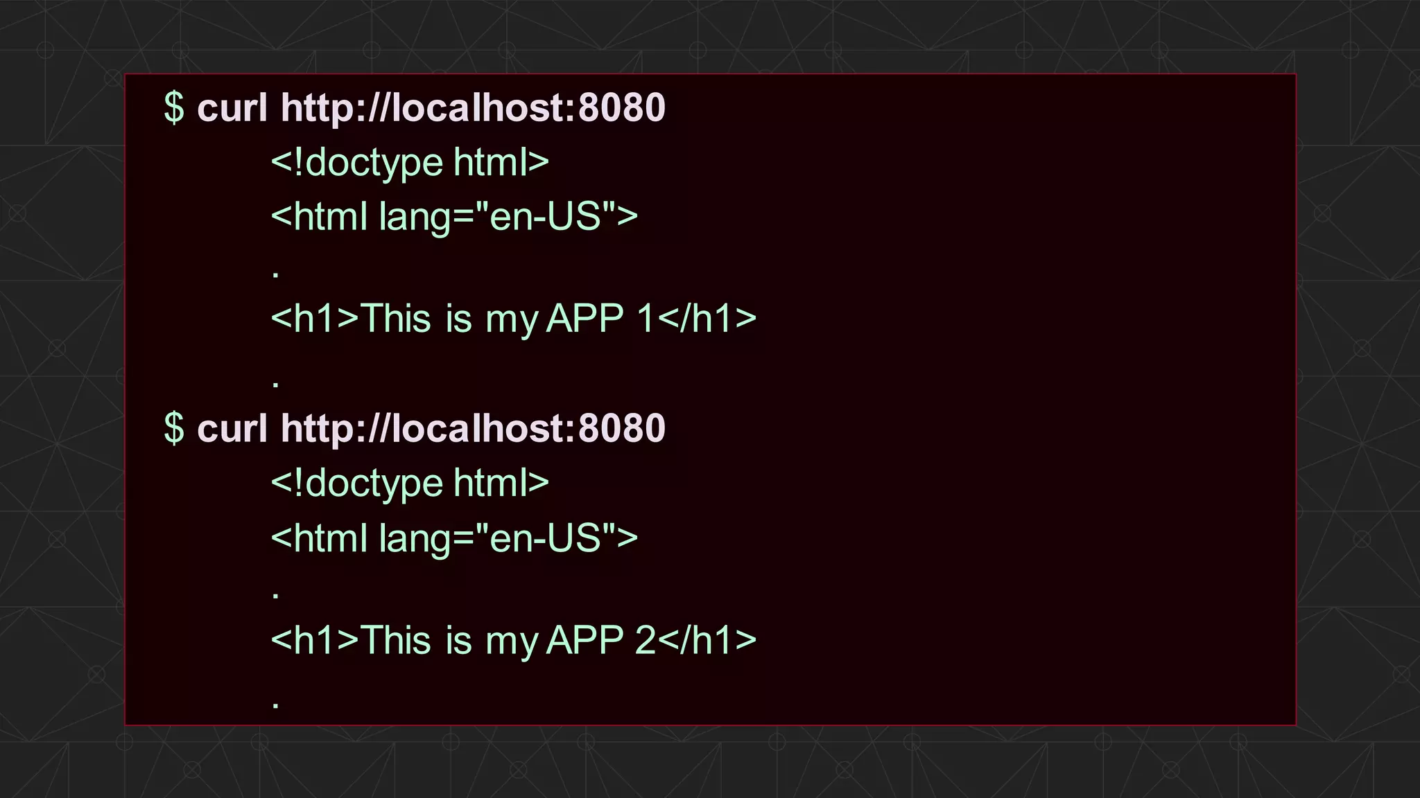 | ©2019 F5 26 $ curl http://localhost:8080 <!doctype html> <html lang="en-US"> . <h1>This is my APP 1</h1> . $ curl http://localhost:8080 <!doctype html> <html lang="en-US"> . <h1>This is my APP 2</h1> . 