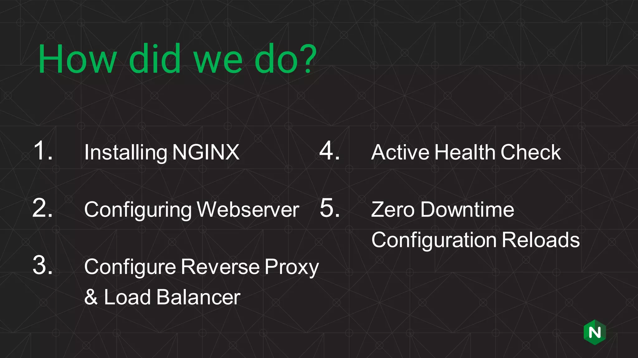 | ©2019 F5 34 How did we do? 1. Installing NGINX 2. Configuring Webserver 3. Configure Reverse Proxy & Load Balancer 4. Active Health Check 5. Zero Downtime Configuration Reloads 
