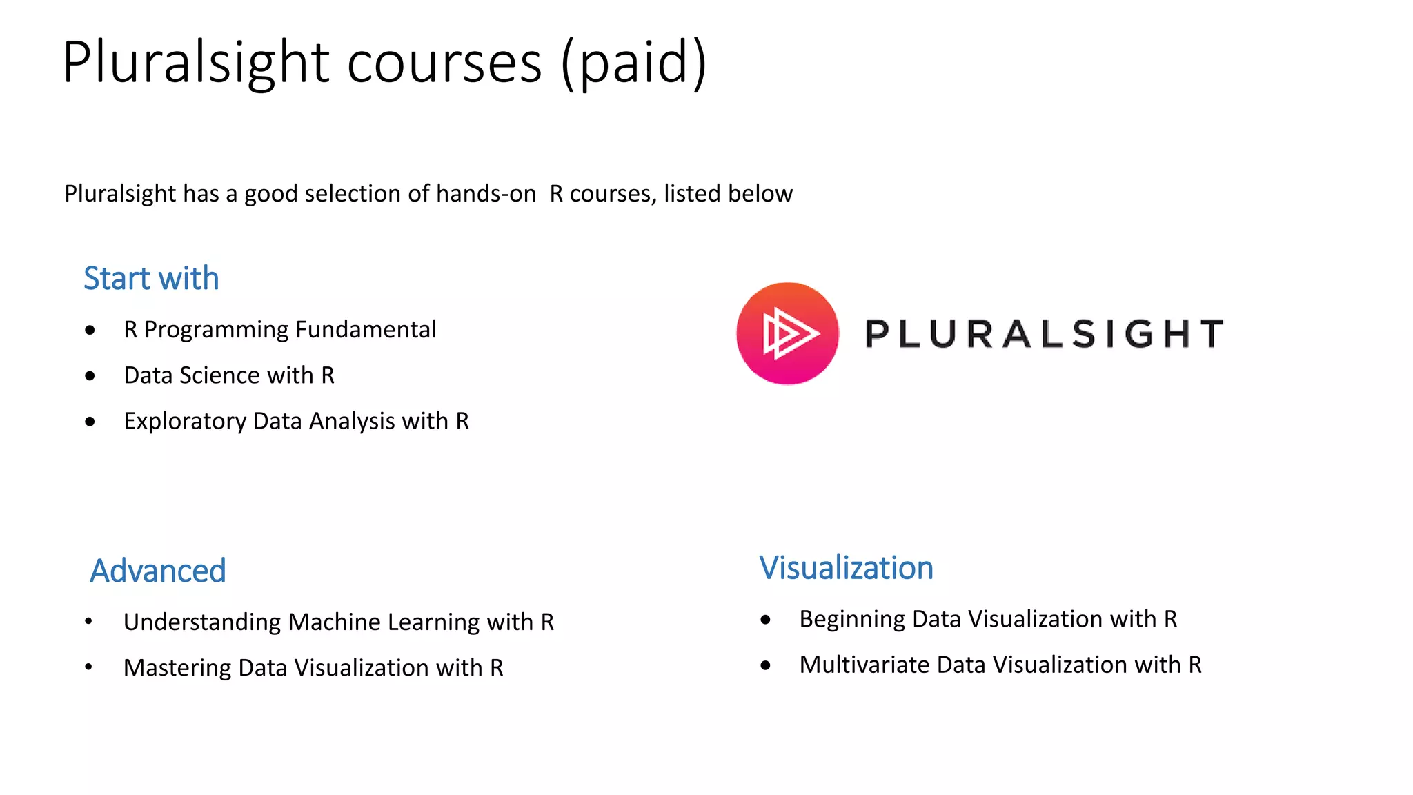Advanced • Understanding Machine Learning with R • Mastering Data Visualization with R Visualization  Beginning Data Visualization with R  Multivariate Data Visualization with R Start with  R Programming Fundamental  Data Science with R  Exploratory Data Analysis with R Pluralsight has a good selection of hands-on R courses, listed below Pluralsight courses (paid) 