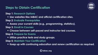 Steps to Obtain Certification
Step 1: Research Options
Use websites like IABAC and official certification sites.
Step 2: Evaluate Prerequisites
Assess your current skills (e.g., programming, statistics).
Step 3: Enroll in Courses
Choose between self-paced and instructor-led courses.
Step 4: Prepare for Exams
Utilize practice tests and study groups.
Step 5: Maintain Your Certification
Keep up with continuing education and renew certification as required.
iabac.org
 